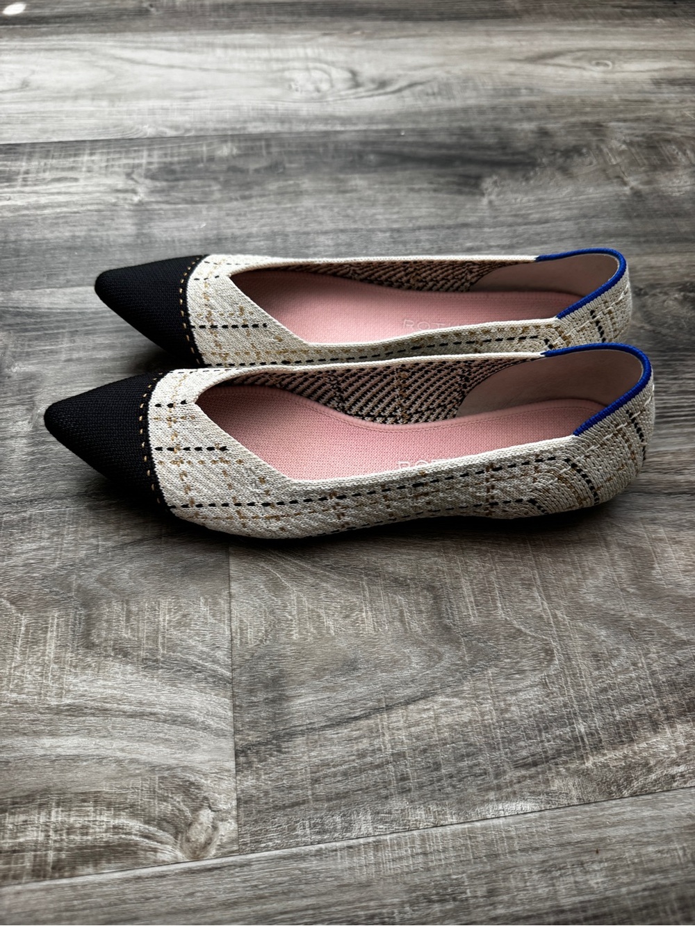 Rothy’s The Point Moonlight Tweed Black Cap Toe Flats Size 8